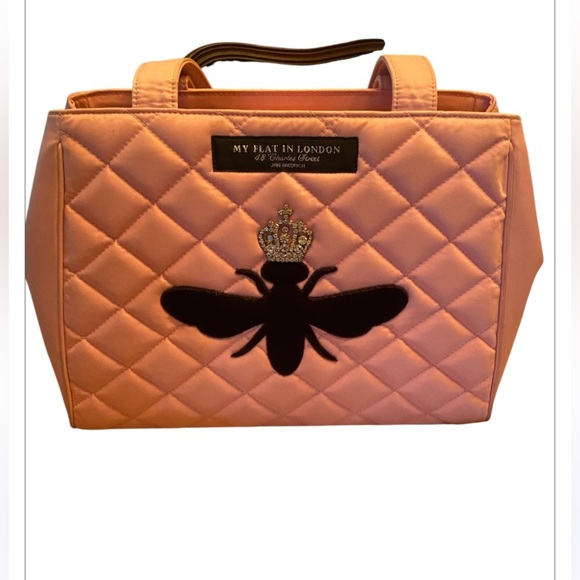 EUC MY FLAT IN LONDON QUEEN BEE PINK NYLON & LEATHER QUILTD TOTE BAG - Picture 1 of 10